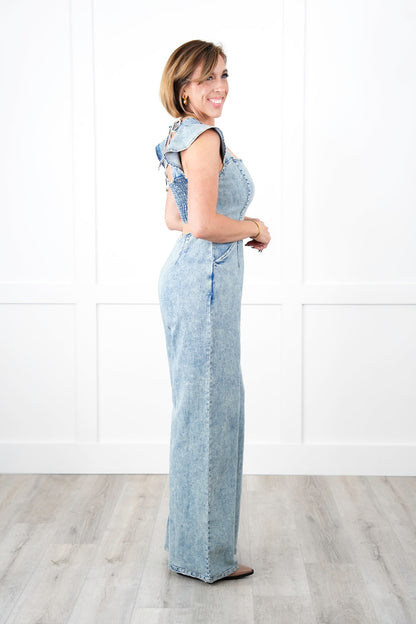 Plus/Reg Denim Sleeveless Jumpsuit with Smocked Back and Peek-a-Boo Detail