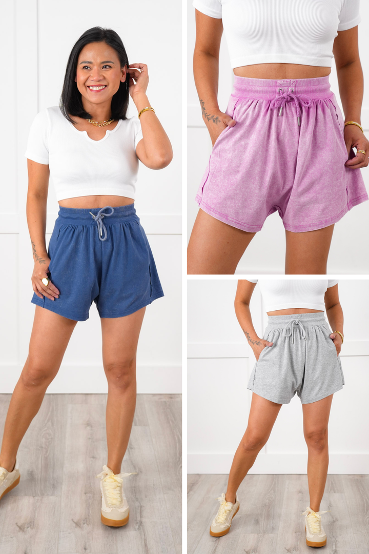 Mineral Wash Elastic High Waist Shorts with Side Pockets