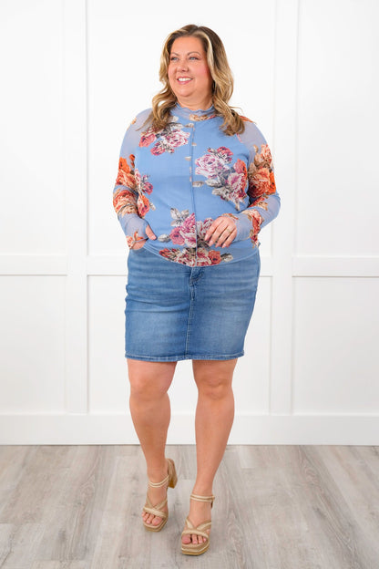 Plus/Reg Blue Floral Long Sleeve Mock Neck Mesh Top