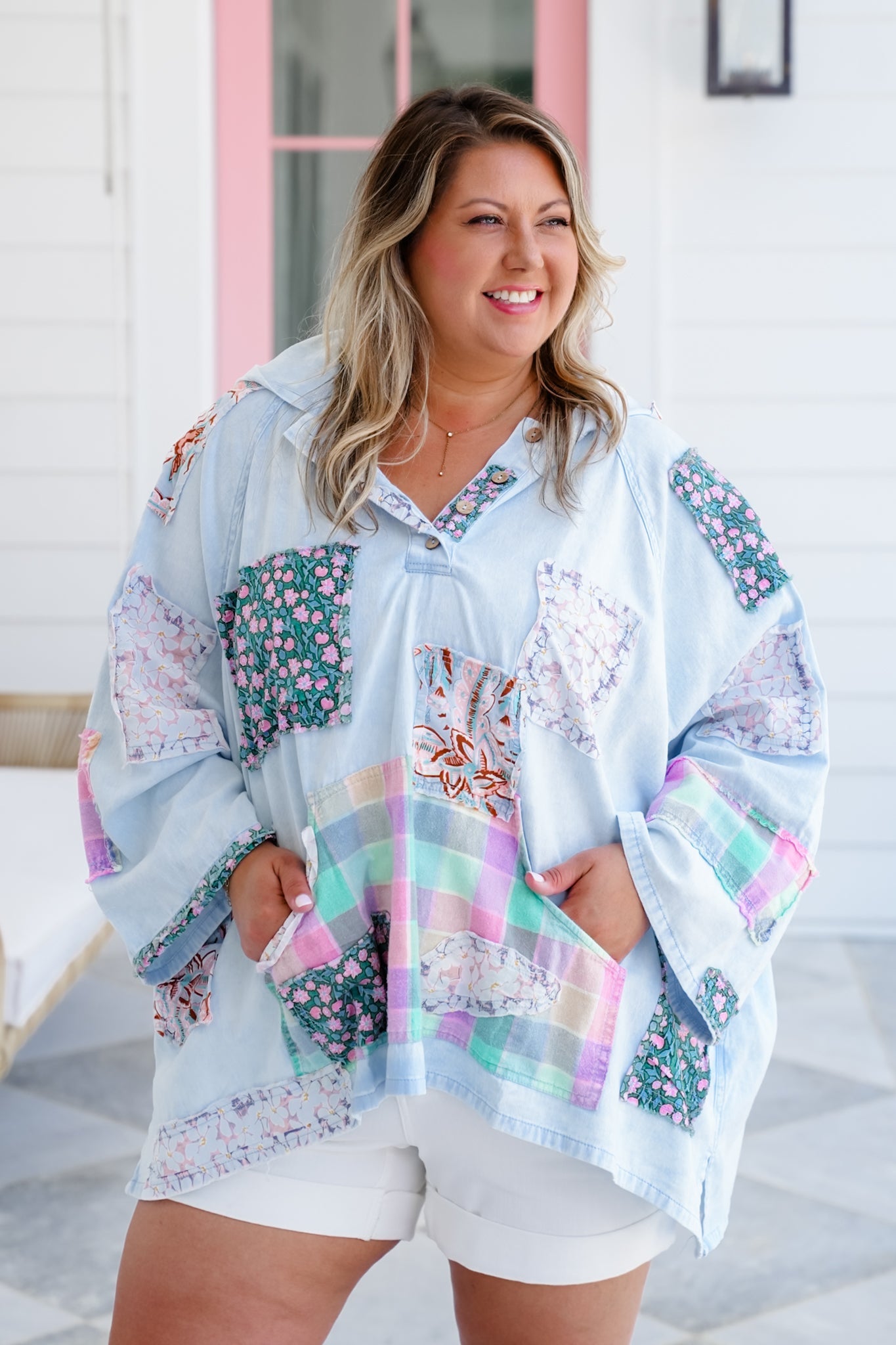 Patchwork 3/4 Sleeve Button Up Hooded Top