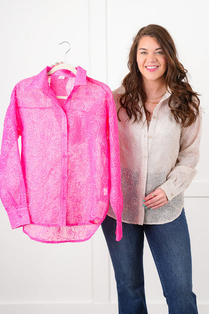 Plus/Reg Shimmering Sheer Floral Long Sleeve Button Up Top