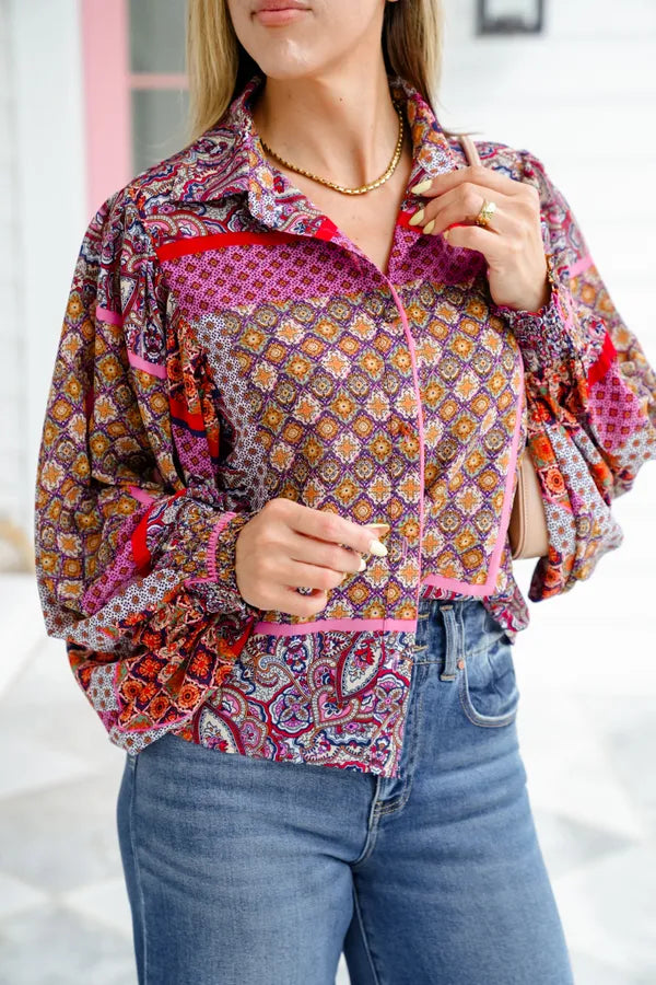 Boho Print Long Puff Sleeve Top