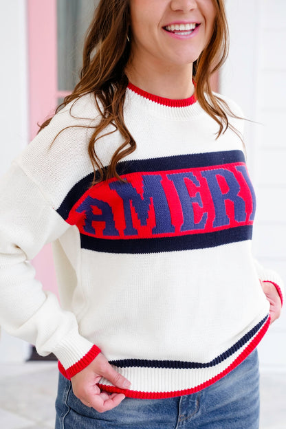 Long Sleeve Crew Neck "America" Knit Sweater
