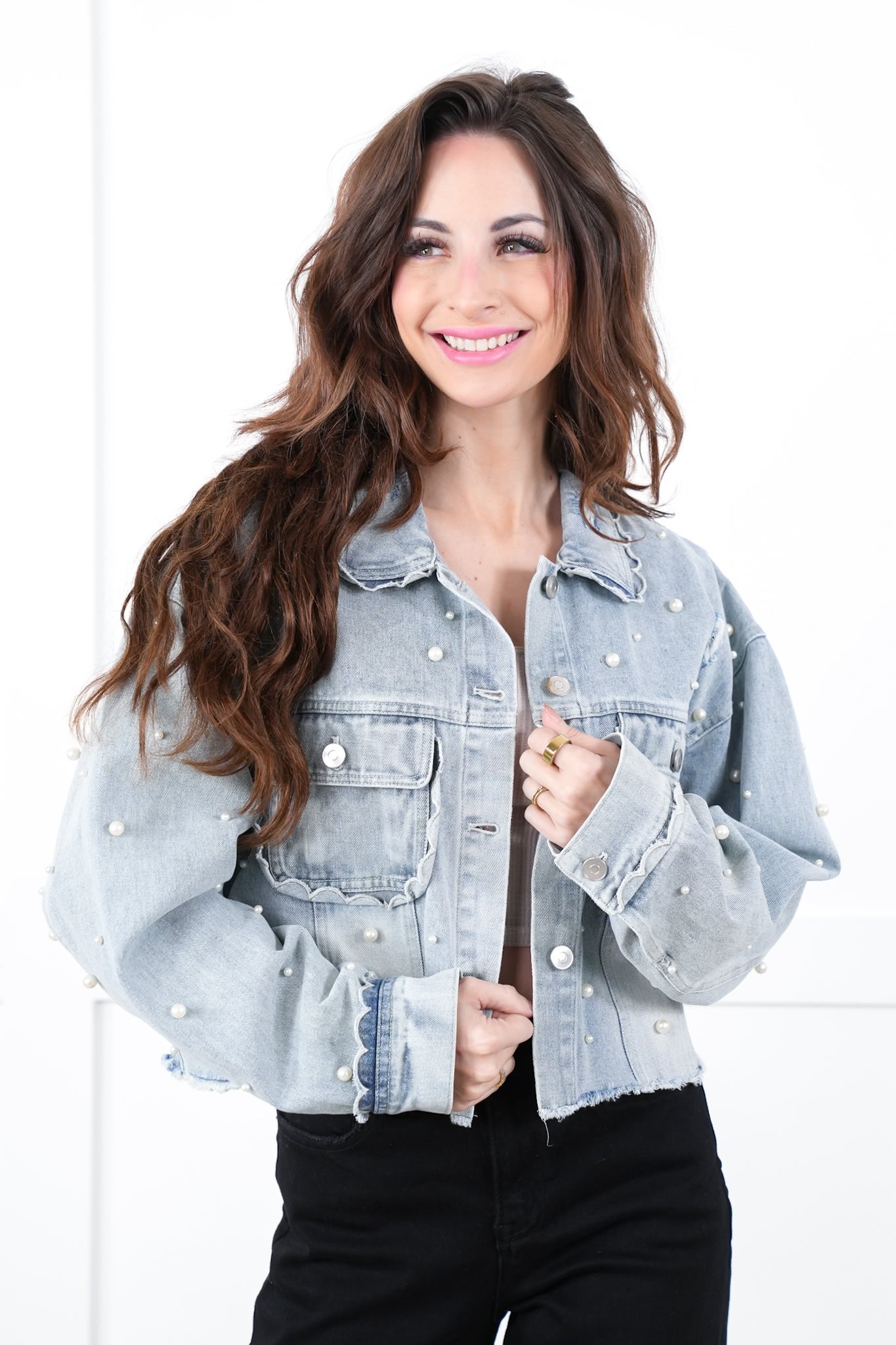 Distressed Light Denim Long Sleeve Button Down Jacket with Pearl Detail