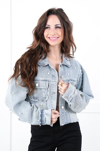 Distressed Light Denim Long Sleeve Button Down Jacket with Pearl Detail