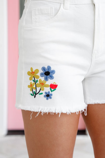 Stretch Denim Shorts with Floral Embroidery Detail