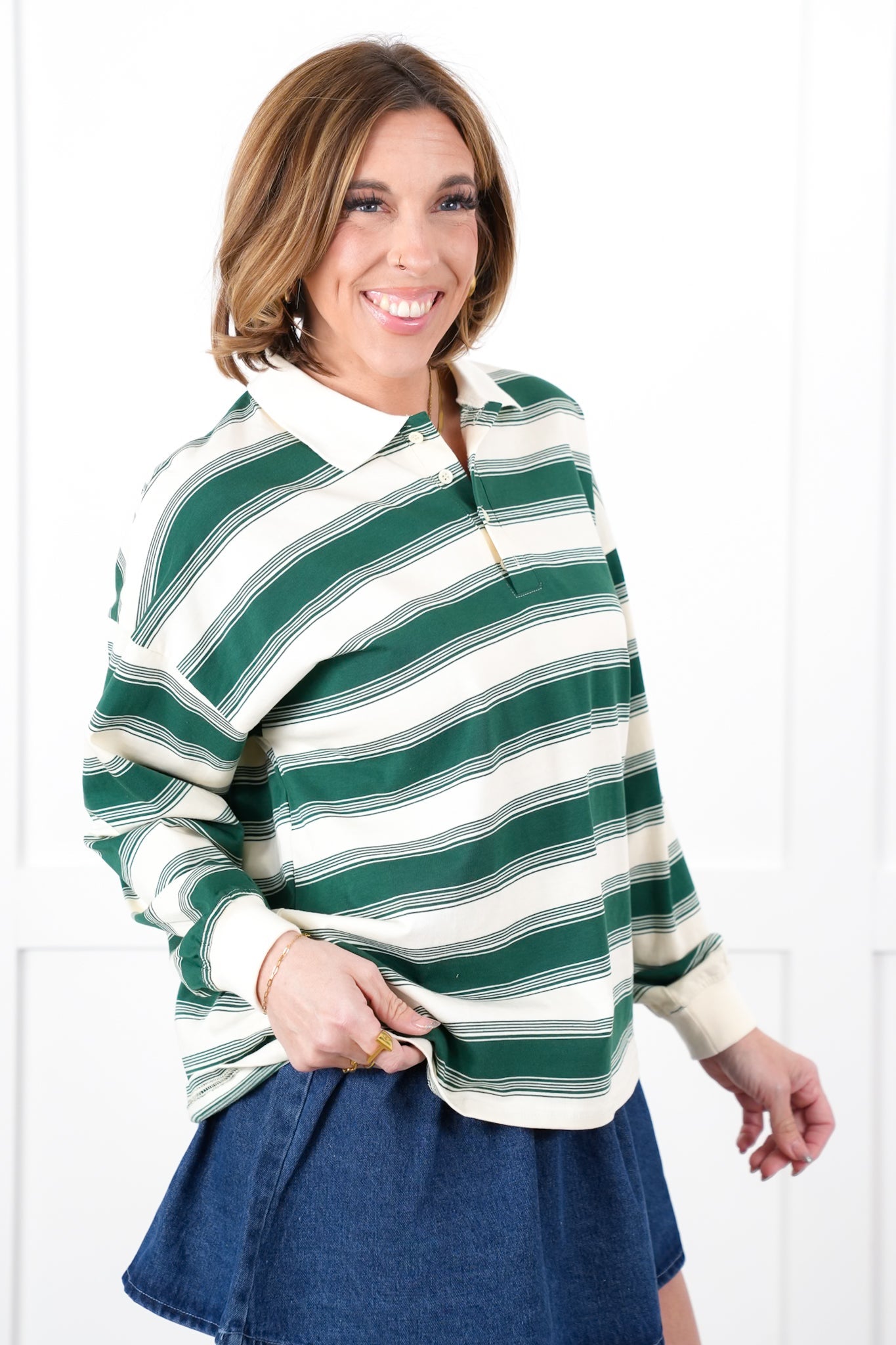 Stripe Long Sleeve Button Up Polo Top
