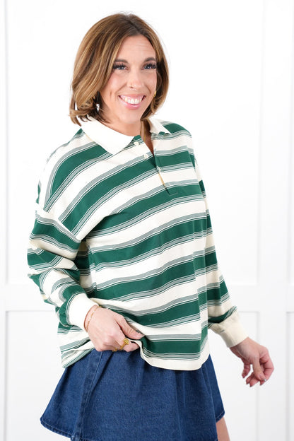 Stripe Long Sleeve Button Up Polo Top