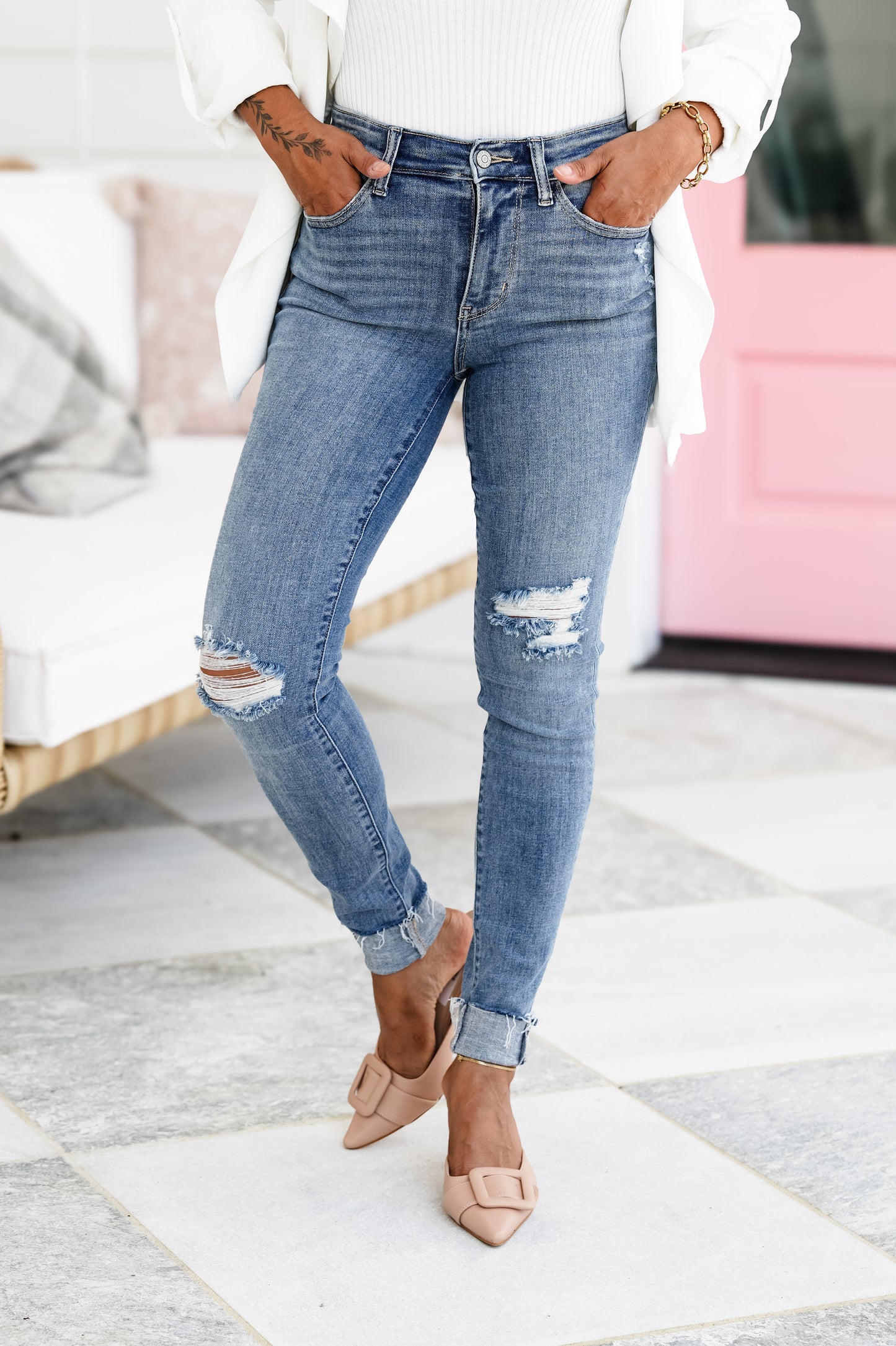 Judy Blue Easy Street Mid Rise Medium Wash Distressed Cuffed Skinny Jeans