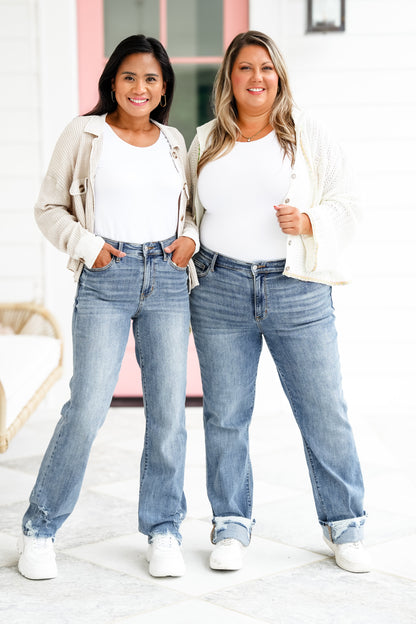 Judy Blue High Rise Medium Wash Distressed Straight Leg Jeans