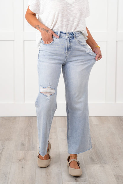 Mica High Rise Light Wash Raw Hem Wide Leg Jeans