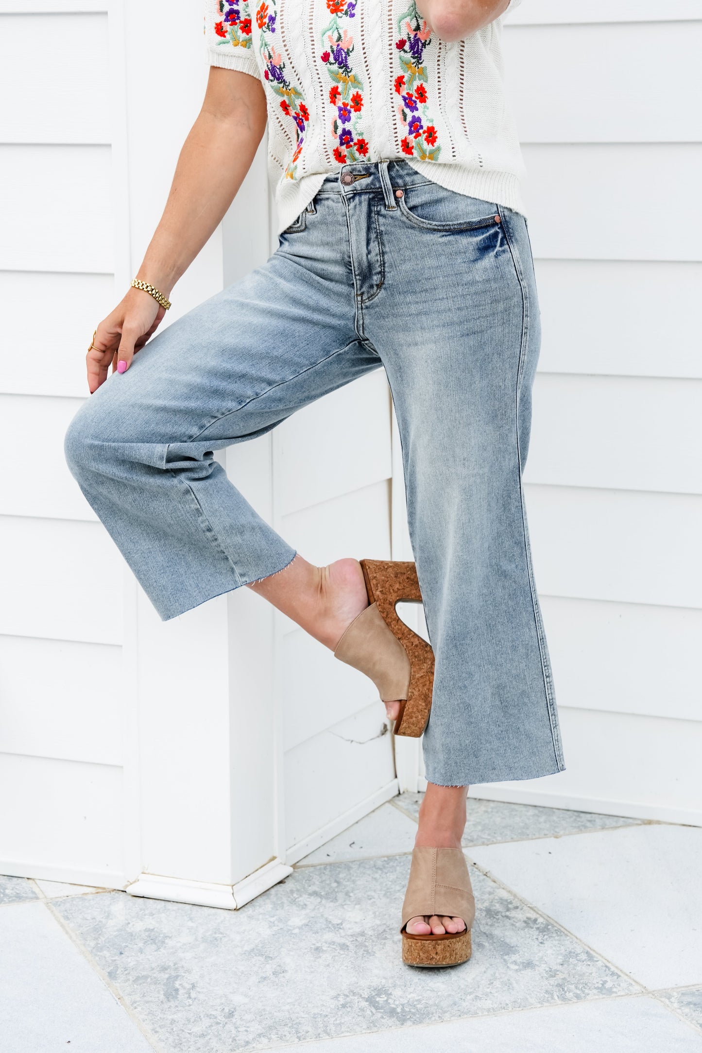 Judy Blue The Olivia Mid Rise Light Wash Tummy Control Raw Hem Cropped Wide Leg Jeans