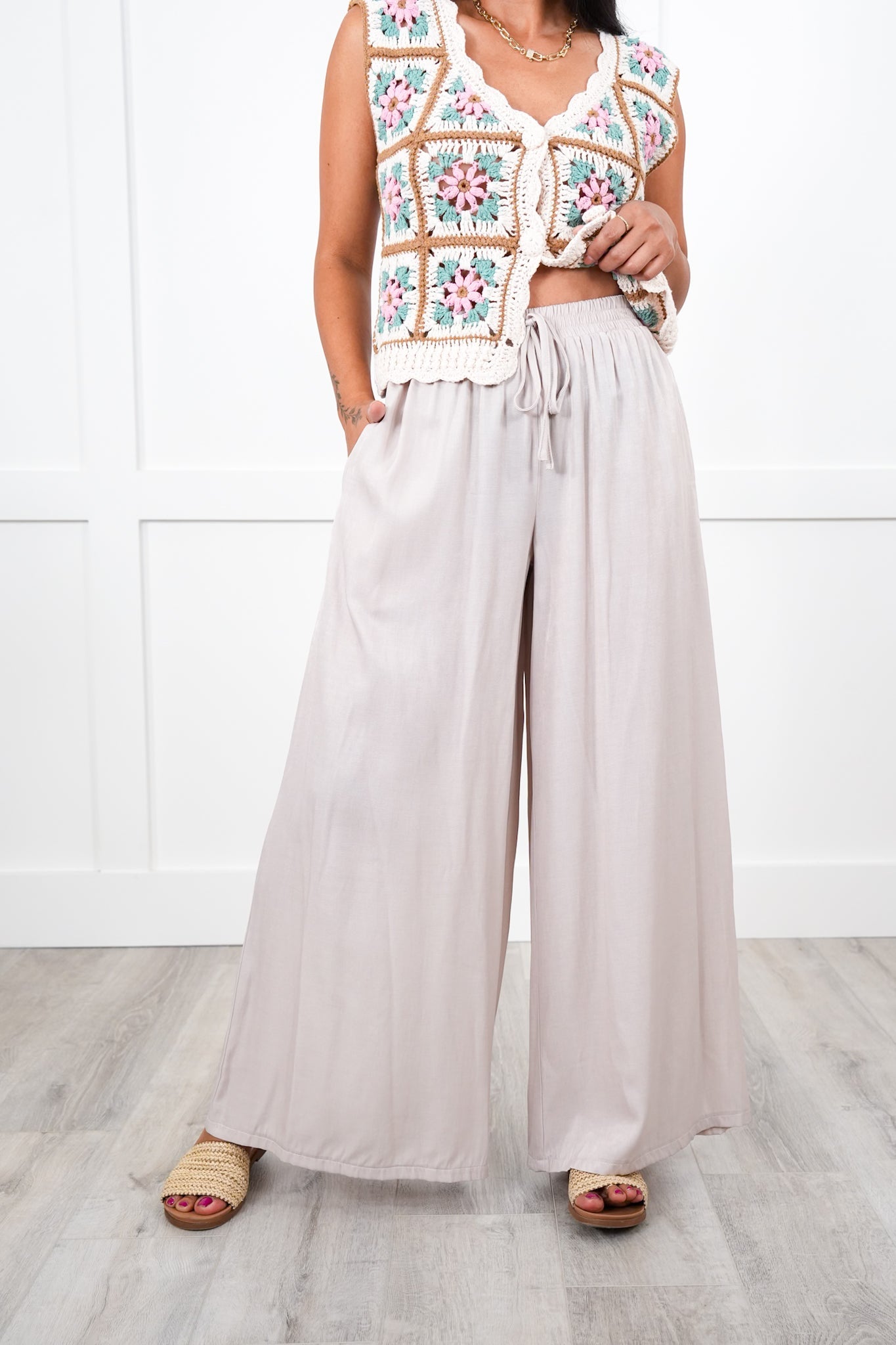 Elastic Waistband Wide Leg Pants with Pockets