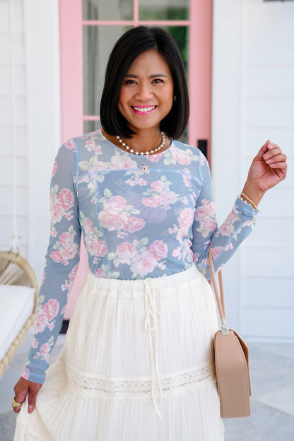 Floral Mesh Long Sleeve with Reverse Seam Detail