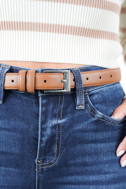 Leather Belt with Polished Silver Rectangular Buckle