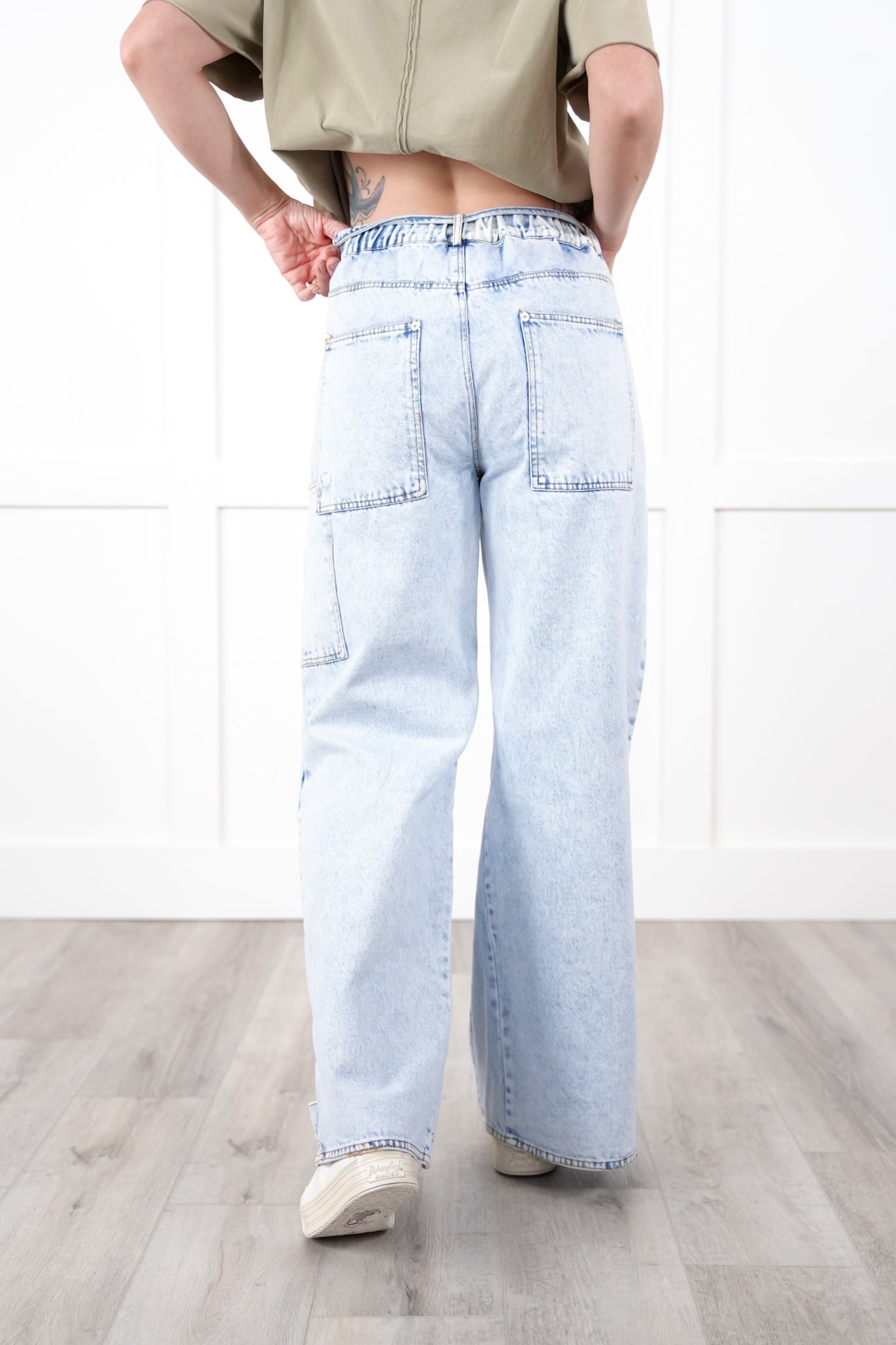 Denim Mineral Wash Elastic Waistband Flare Pants With Pocket Detail