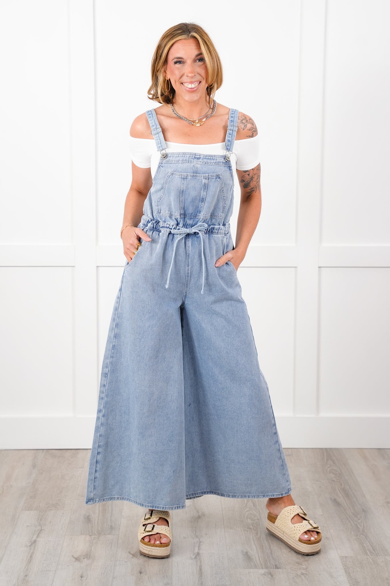 Denim Sleeveless Open Back Wide Leg Overall with Drawstring Detail