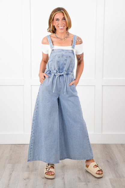 Denim Sleeveless Open Back Wide Leg Overall with Drawstring Detail