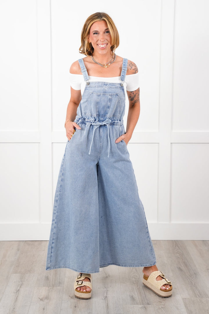 Denim Sleeveless Open Back Wide Leg Overall with Drawstring Detail