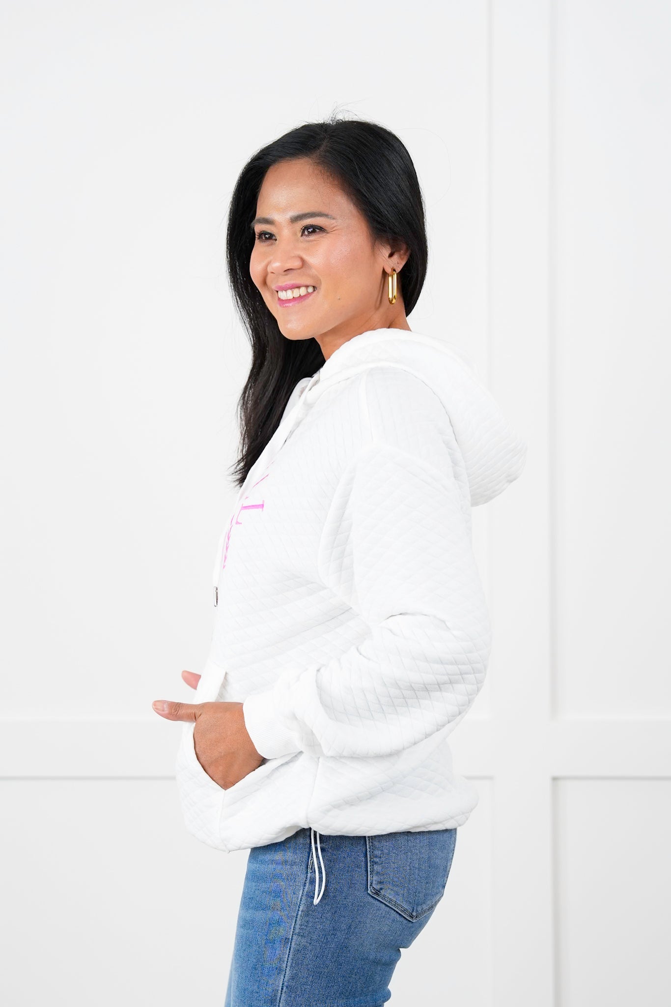 Pickle Ball Embroidered White Quilted Long Sleeve Hoodie