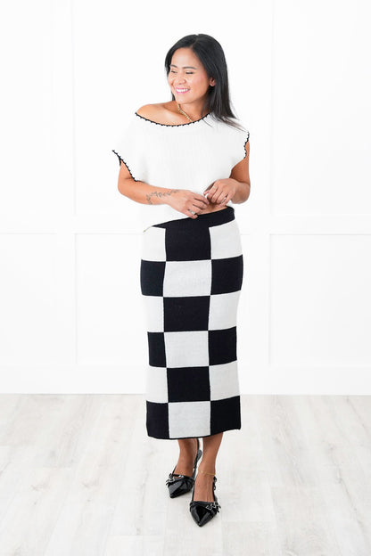 Restock! Plus/Reg Checkered Pencil Midi Sweater Skirt