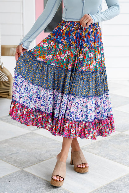 Plus/Reg Mixed Floral Print Elastic Waist Tiered Skirt