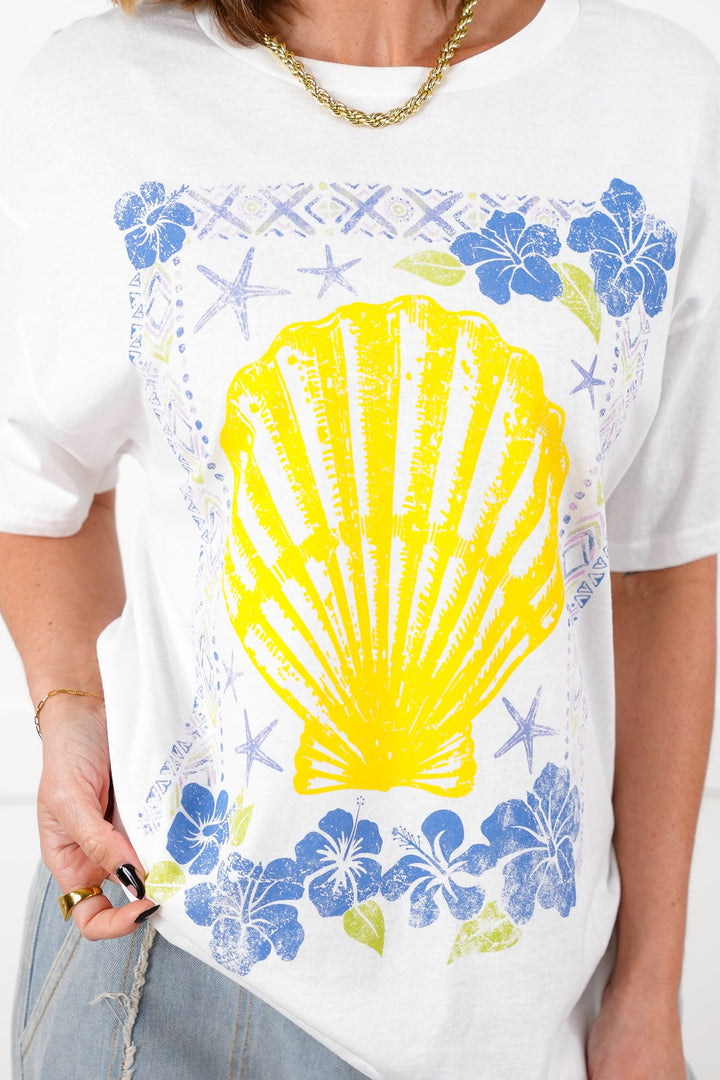 White Short Sleeve Tropical Sea Shell Graphic Tee