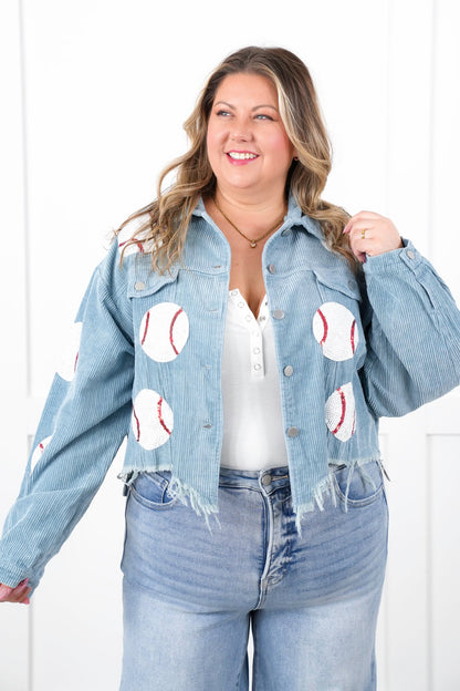 Vintage Wash Corduroy Jacket with Sequin Baseball Patch Detail
