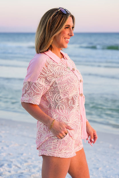Pink Loose Knit Long Sleeve Button Down Top and Shorts Set