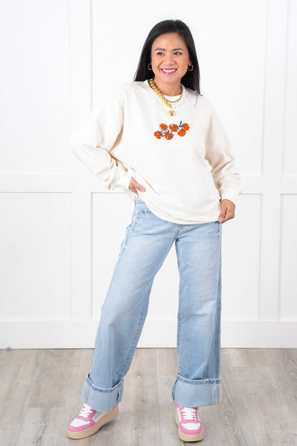 Long Sleeve Sweatshirt with Embroidered Tomatoes Detail