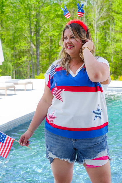 Color Block Short Sleeve V Neck Top with Star Patch Detail