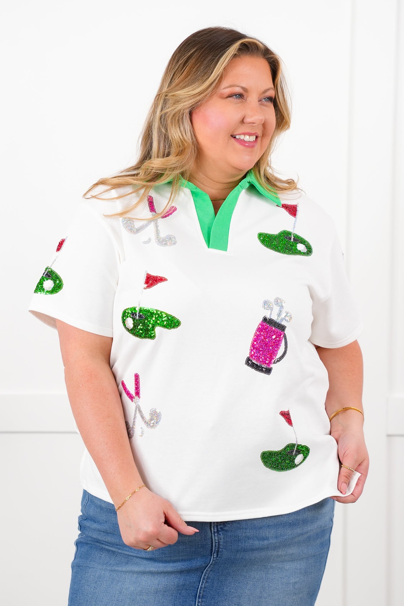 White Short Sleeve V Neck Polo Top with Sequin Golf Detail