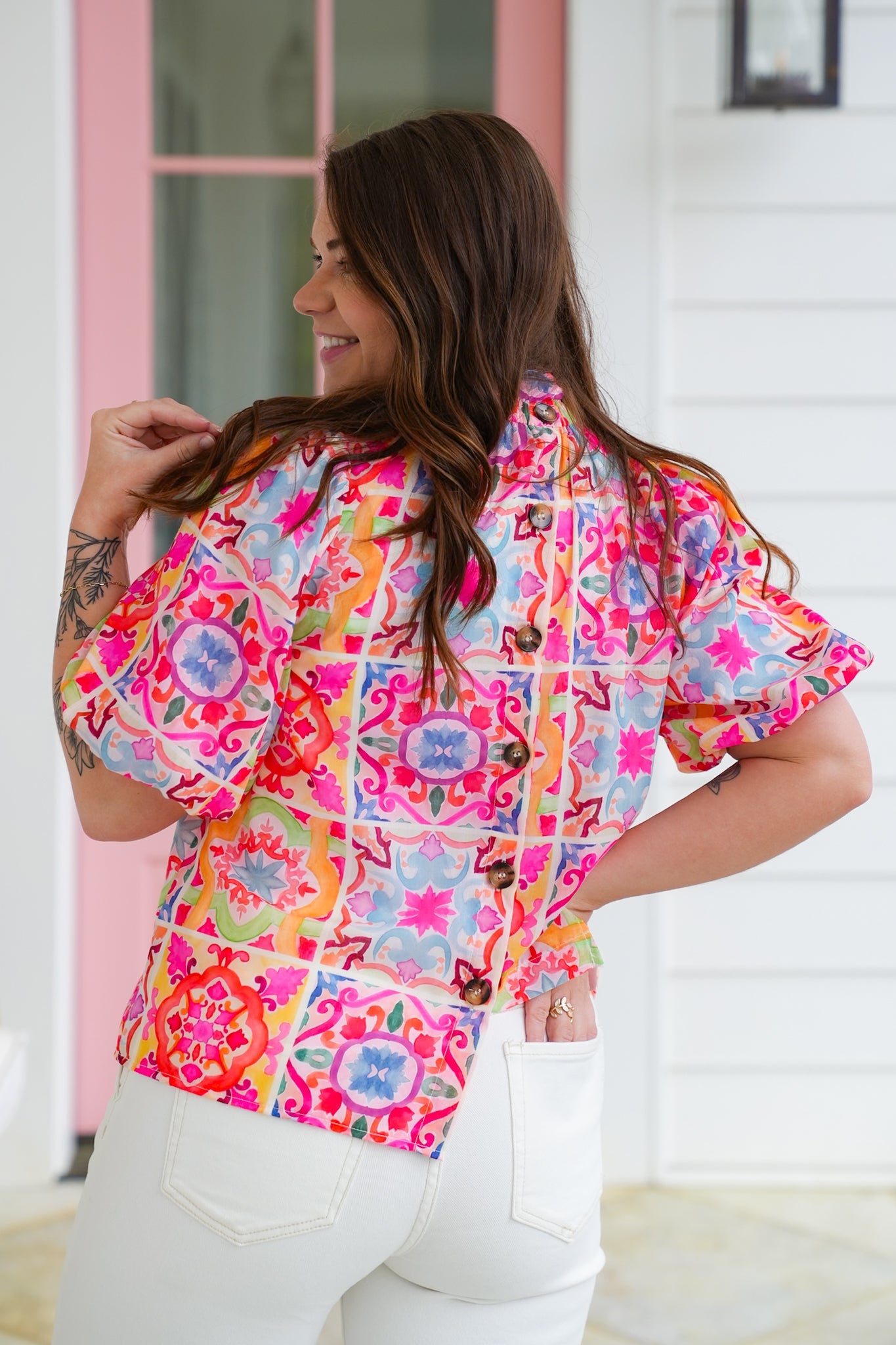 Multi Color Print Short Puff Sleeve Top with A Button Up Back