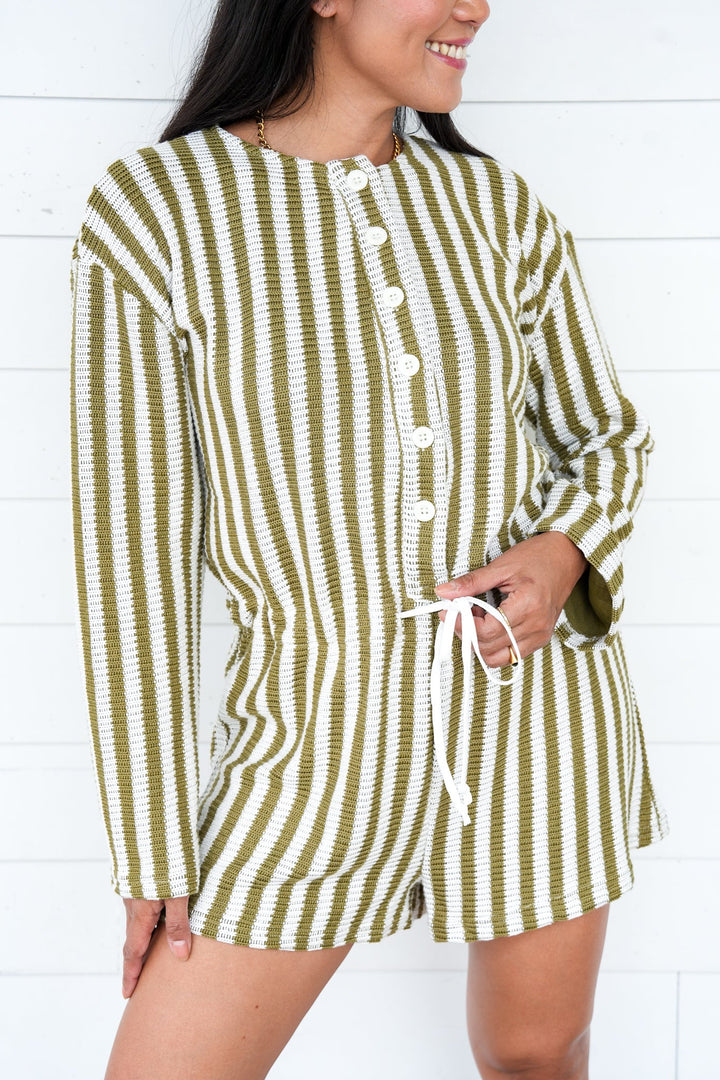 Olive Stripe Long Sleeve Button Up Knit Romper