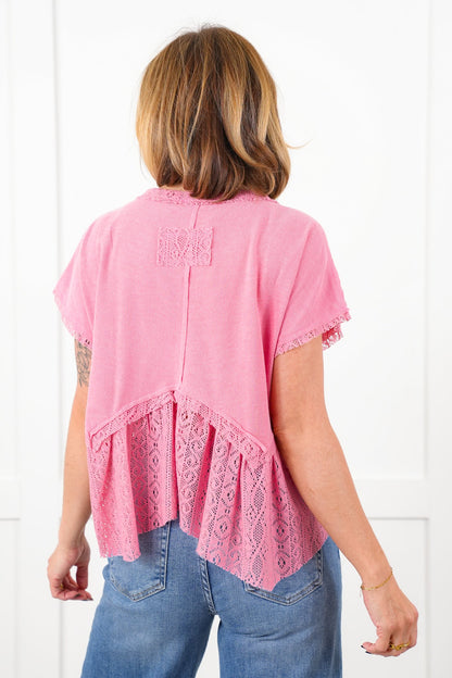 POL Short Sleeve Button Up Knit Top with Crochet Detail