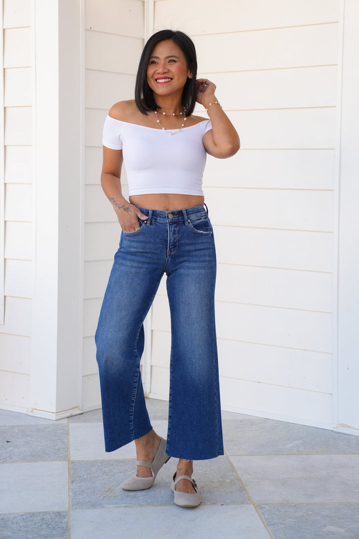 Risen Mid Rise Dark Wash Tummy Control Elastic Waistband Cropped Wide Leg Jeans