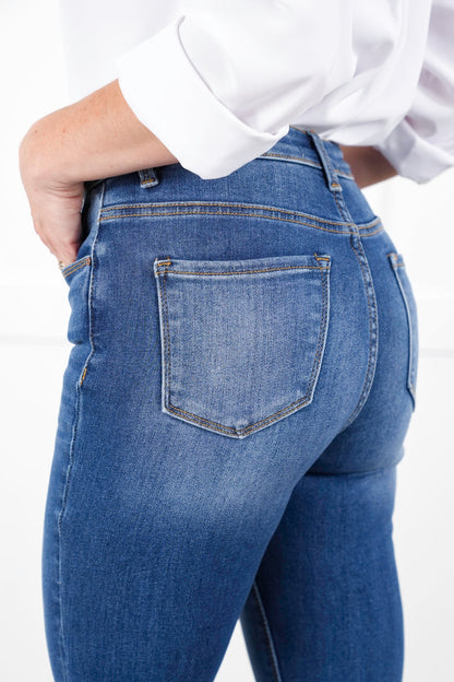 Risen High Rise Dark Wash Flare Jeans with Front Seam Detail