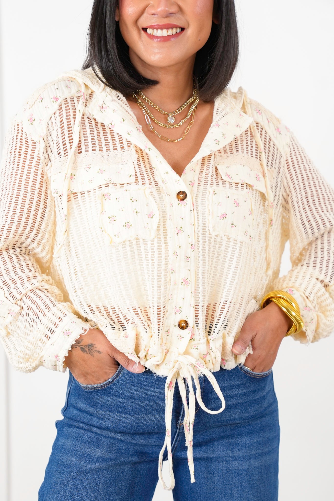 POL Crochet Long Sleeve Button Down Hooded Jacket with Floral Detail