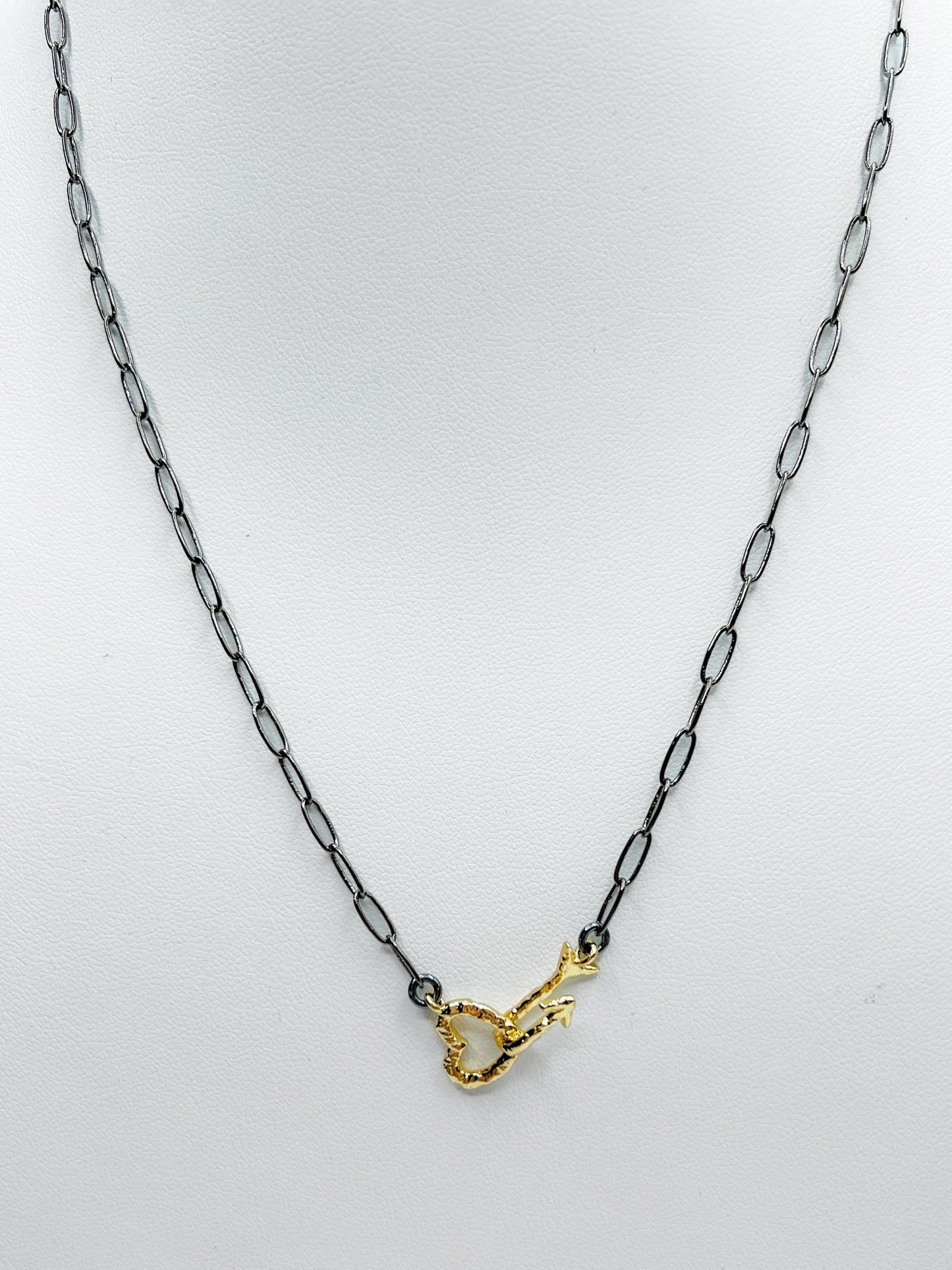 Love, Poppy Gold Arrowed Heart Clasp on Black Chain Necklace