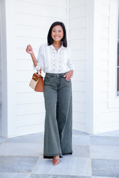 Mica High Rise Green Vintage Wash Wide Leg Jeans