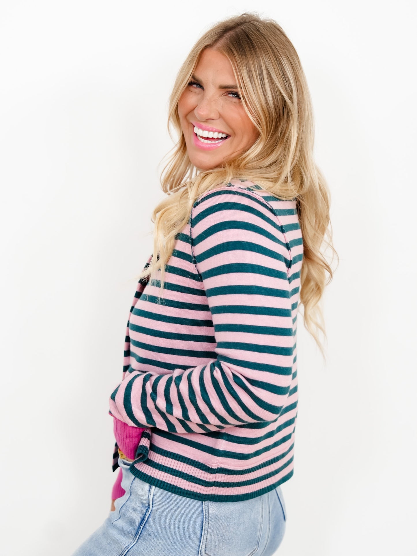 Contrast Color Block & Stripe Button Down Cardigan
