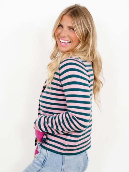 Contrast Color Block & Stripe Button Down Cardigan