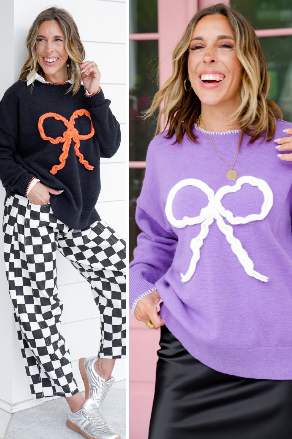 Knit Long Sleeve Crew Neck Sweater with Bow Detail