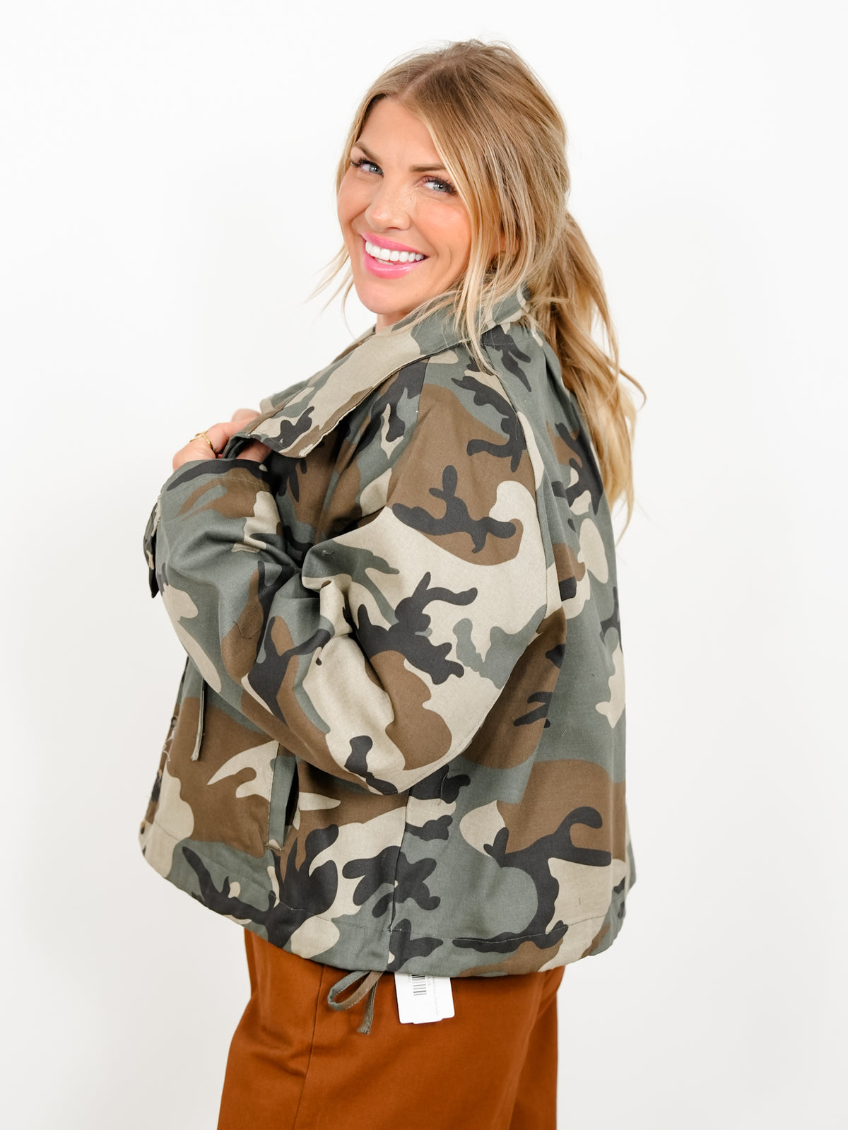 Camo Print Long Sleeve High Neck Button Down Jacket