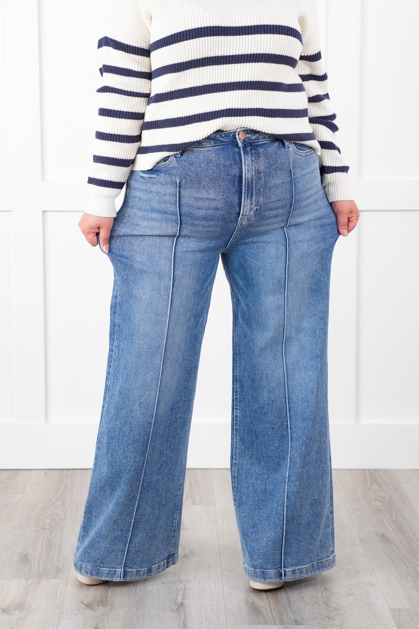 Risen High Rise Medium Wash Pintuck Detailed Wide Leg Jeans