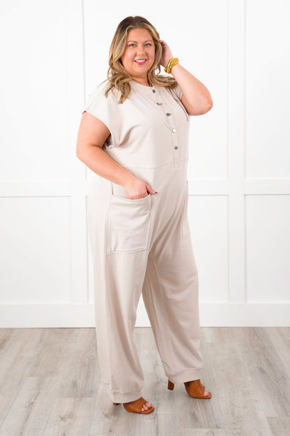 Plus/Reg Taupe Short Sleeve Button Up Knit Jumpsuit with Front Pockets