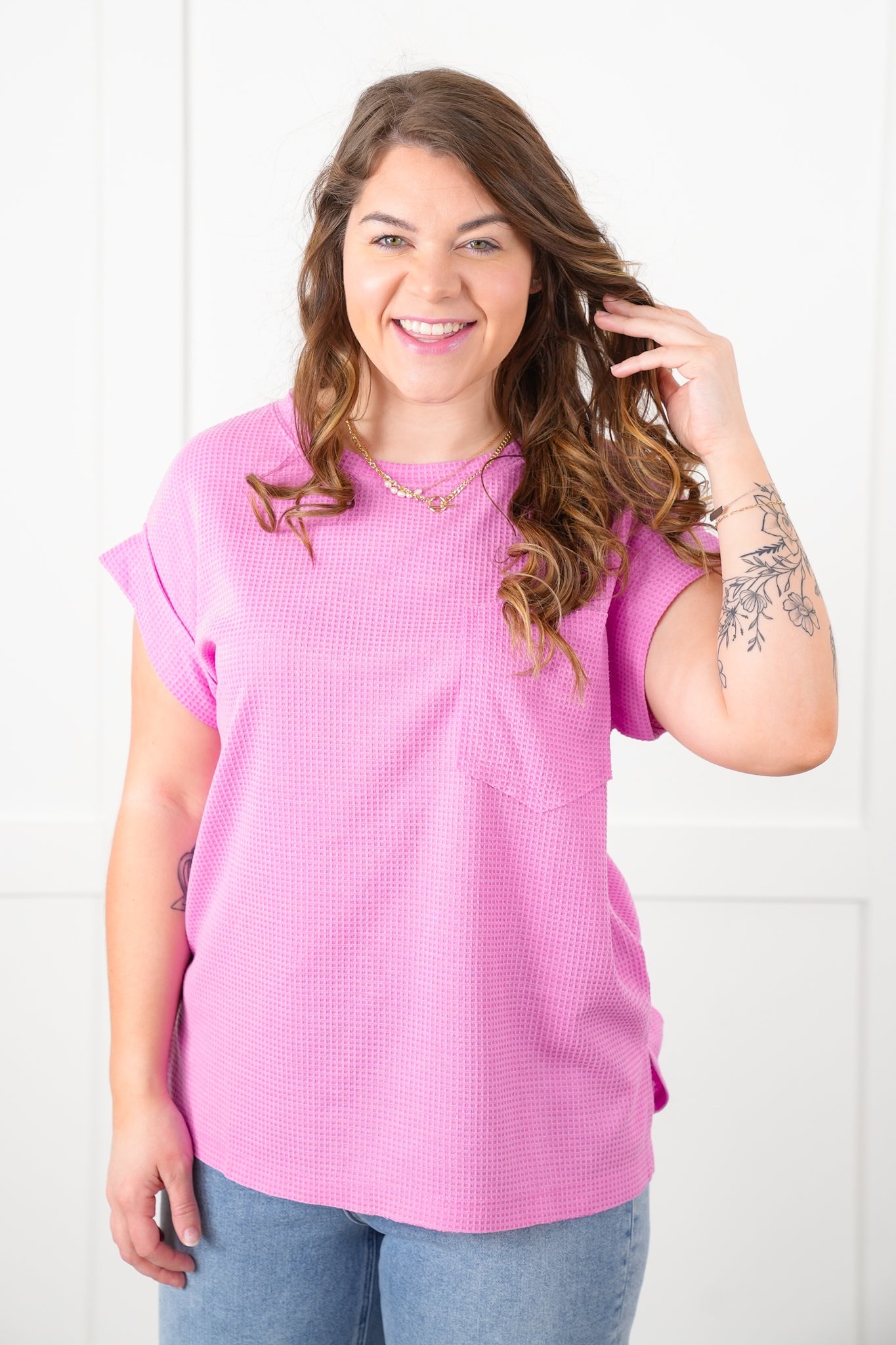 Door Buster! Plus/Reg Waffle Knit Short Dolman Sleeve Round Neck Top