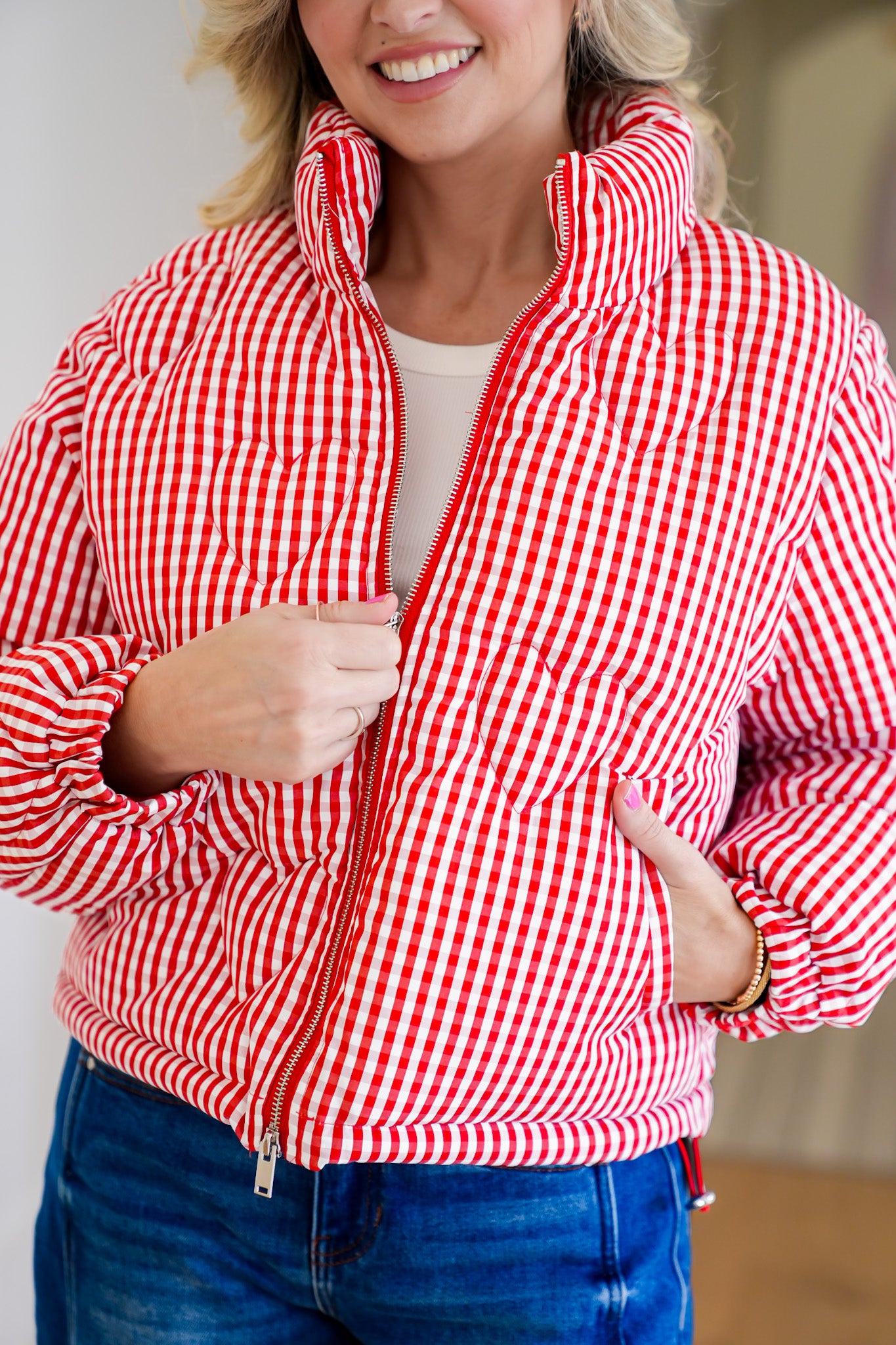Gingham Print Puffer Jacket with Heart Quilting
