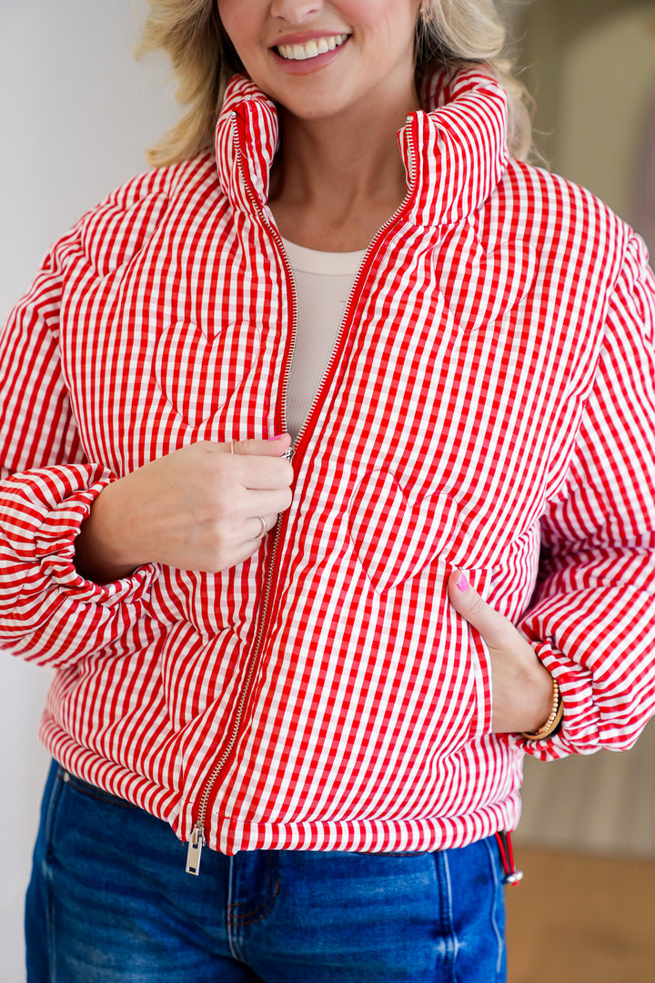 Gingham Print Puffer Jacket with Heart Quilting