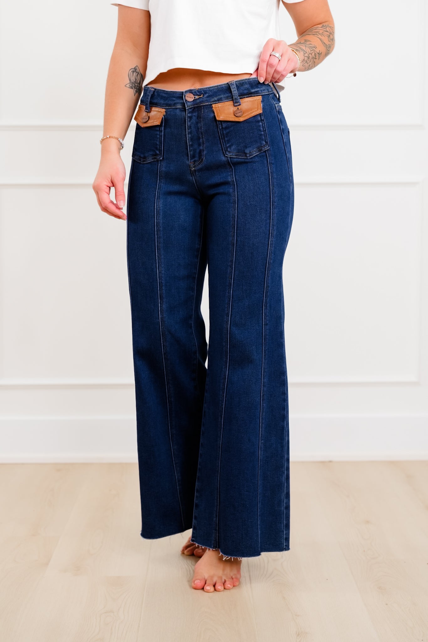 Risen High Rise Dark Wash Wide Flare Jeans with Leather Pocket